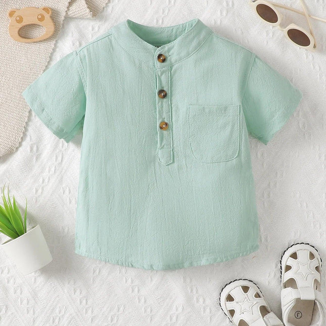 Bebê meninos manga curta Stand colar bolso t-shirt, top verde menta, vento parcial formal, bolso fresco pequeno, verão