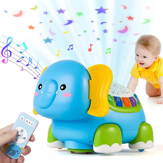 Elefante musical rastejando brinquedos para bebês, barriga tempo, bebês com temporizador, colorido iluminar projeção, presentes de aniversário