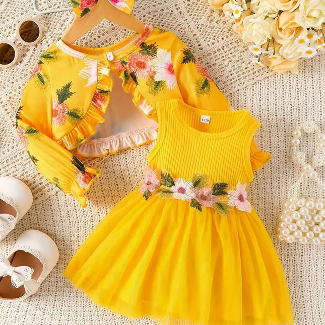 Vestido sem mangas emendado e casaco pequeno para menina, casaco de cintura, flor, novo estilo, primavera e outono