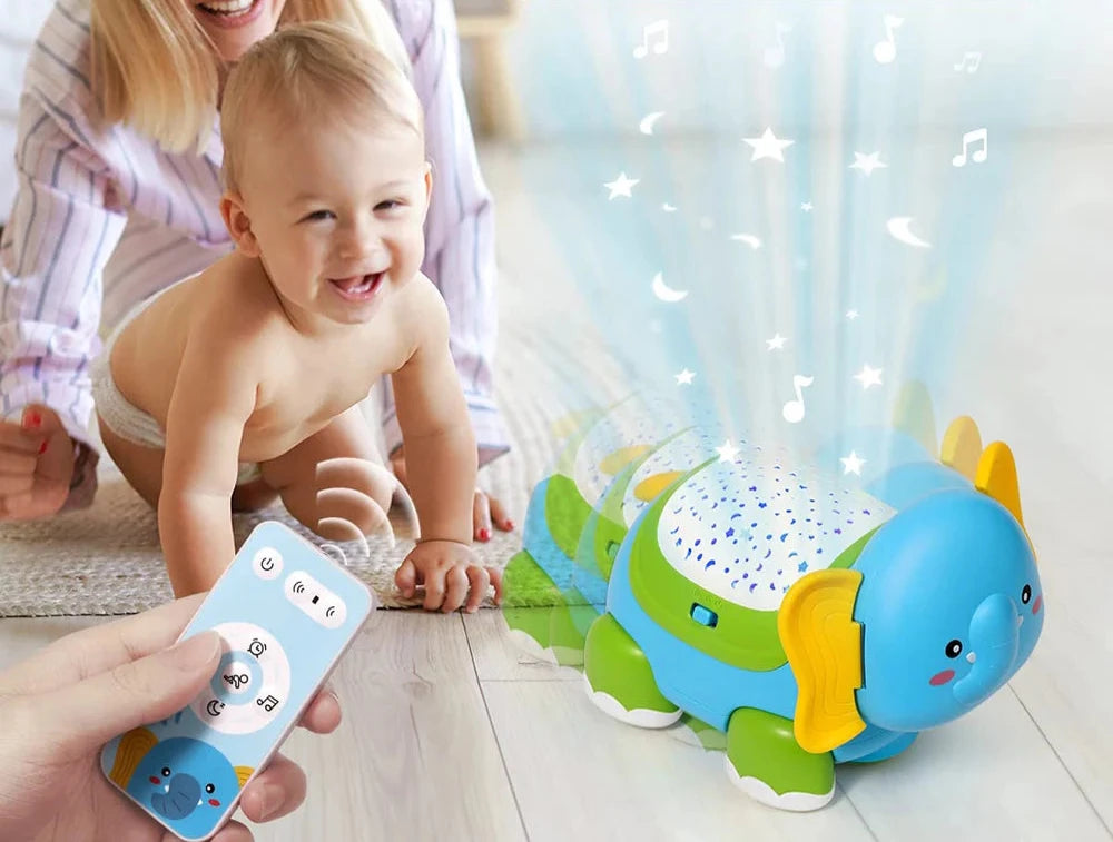 Elefante musical rastejando brinquedos para bebês, barriga tempo, bebês com temporizador, colorido iluminar projeção, presentes de aniversário