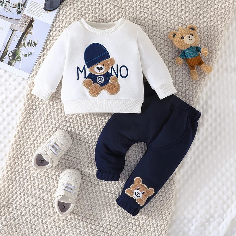 Casual Cartoon Urso Manga Longa Camiseta e Calças Navy Outfit, Conjunto de Roupas Infantis, Kids Wear, Criança Terno, 3-24 meses