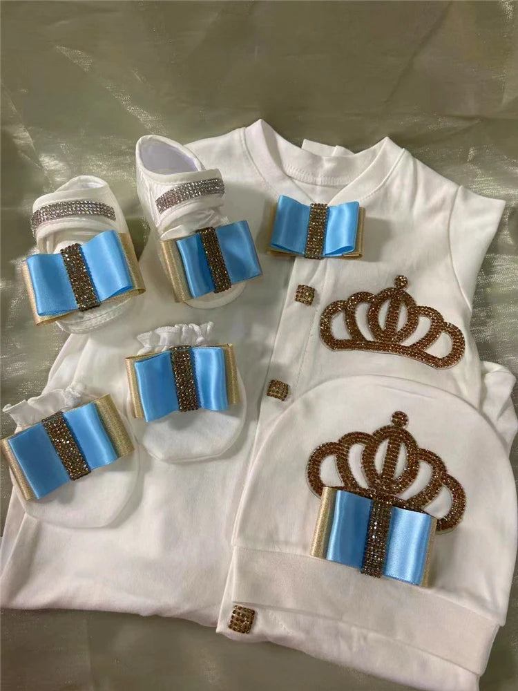 Nome personalizado bebê macacão menino algodão roupas de bebê recém-nascido 0-3 mês strass coroa jurken branco pijamas do bebê conjunto para meninos