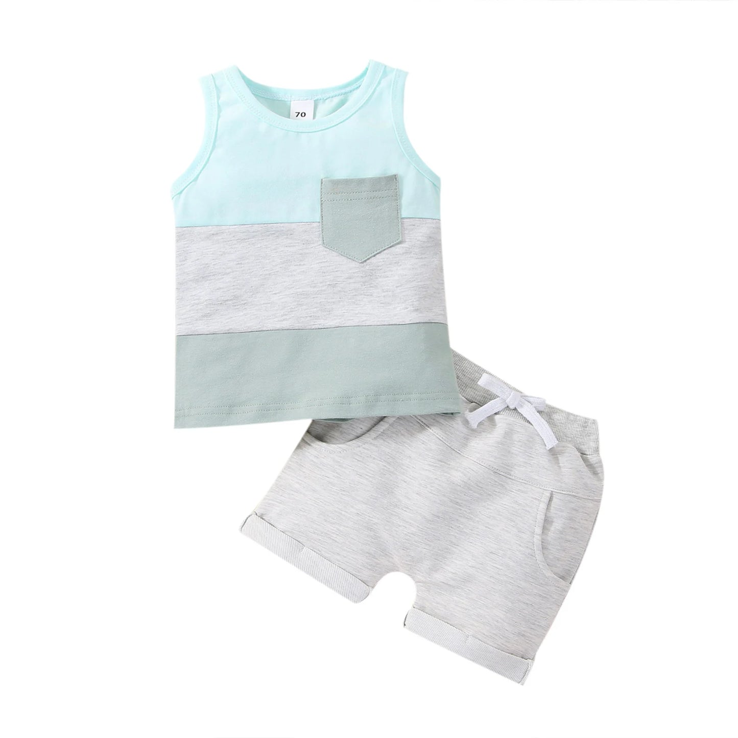 Infant Baby Boys Patchwork Colete sem mangas Tops com bolsos e shorts, roupas de verão para criança, 6-36M, 2 peças