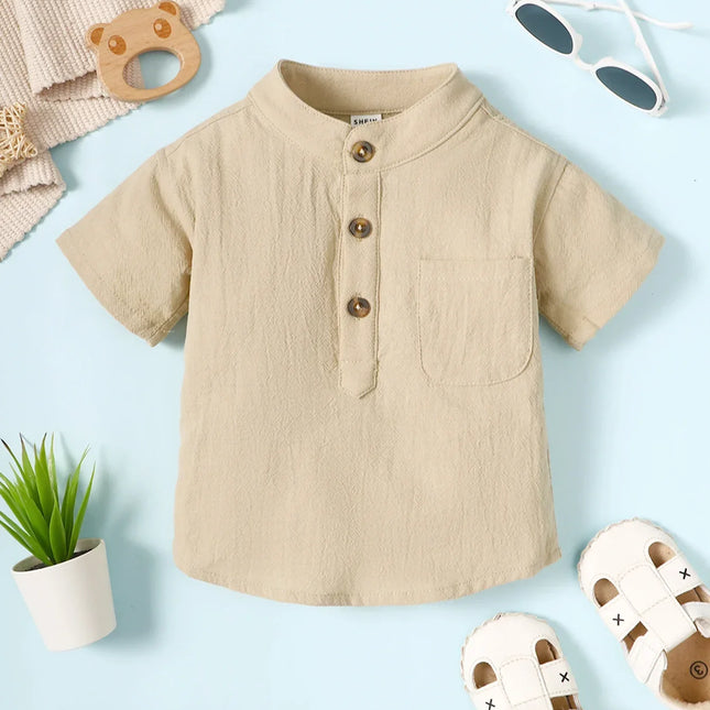 Camiseta monocromática de manga curta masculina e infantil, camisa de peito, gola em pé, cavalheiro, estilo simples, bebê, verão
