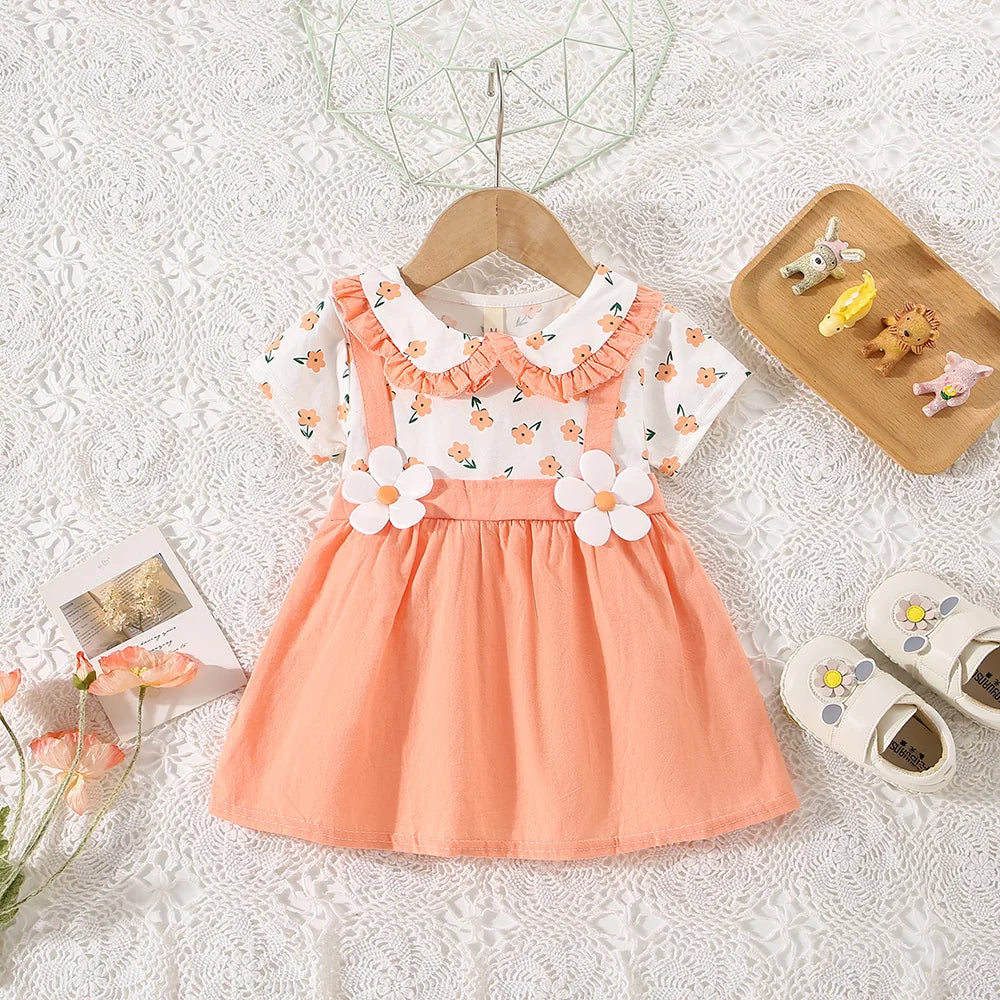 Vestido de alça de flor para bebê, Decoração de flores, colarinho dobrável, doce vestido de princesa, verão, novo