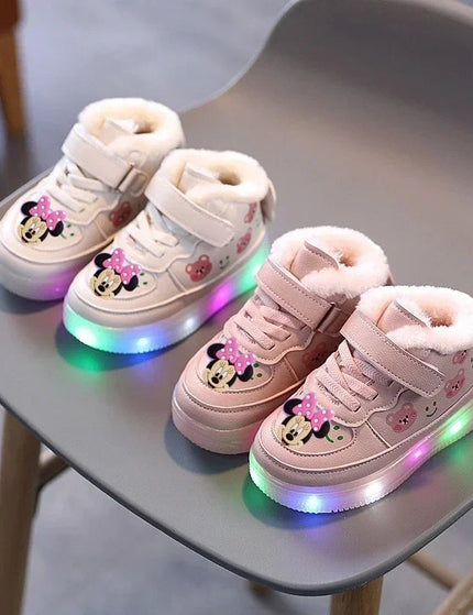 Disney crianças dos desenhos animados minnie sapatos casuais de sola macia meninas iluminar tênis bebê mais veludo quente botas curtas sapatos de algodão