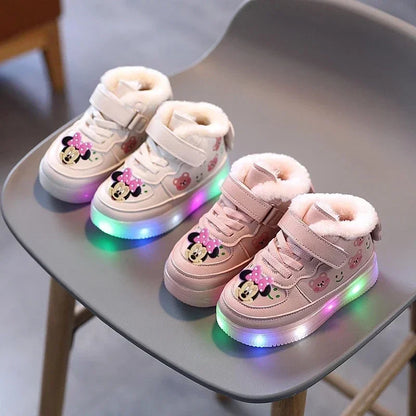 Disney crianças dos desenhos animados minnie sapatos casuais de sola macia meninas iluminar tênis bebê mais veludo quente botas curtas sapatos de algodão