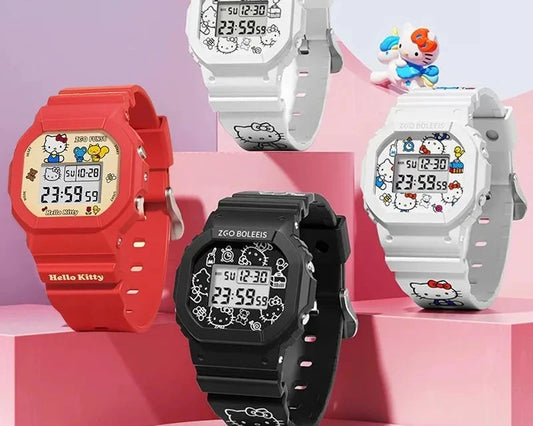 Relógio Sanrio Hello Kitty para Crianças, Relógio Digital LED, Relógio de Silicone Versátil Estudante, Relógio de Pulso Feminino, Relógio Esportivo Impermeável