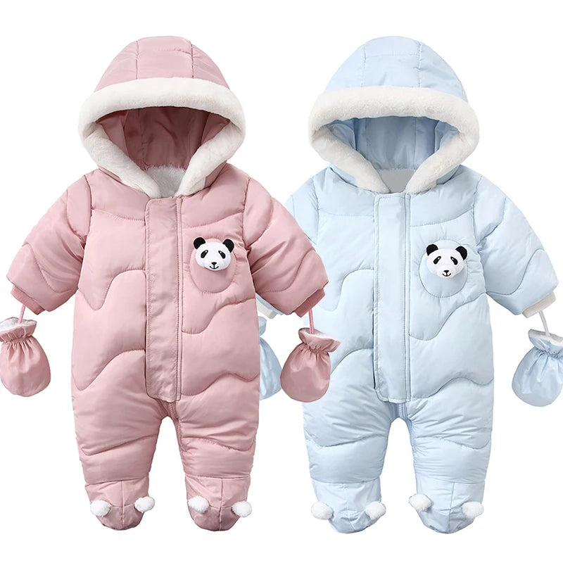 Macacão de bebê recém-nascido com capuz com luvas, macacão algodão mais veludo, roupas panda quentes, roupas infantis, menina e menino, 0-18m, inverno