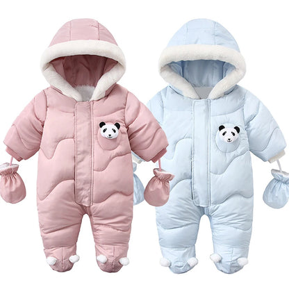 Macacão de bebê recém-nascido com capuz com luvas, macacão algodão mais veludo, roupas panda quentes, roupas infantis, menina e menino, 0-18m, inverno