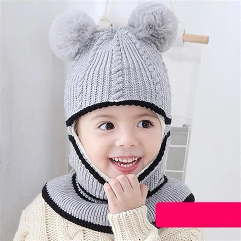 Chapéu de inverno para bebês, chapéu de malha com pompom para crianças, meninas e meninos, com forro de lã quente, chapéus para crianças