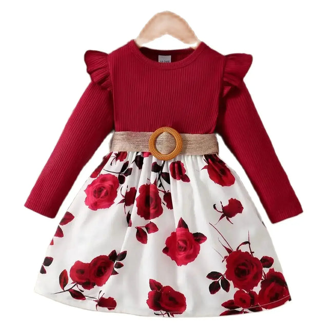 Saia de flor vermelha manga comprida feminina, vestido de ano novo, aniversário, roupa de festa de casamento, outono, 1-7 anos