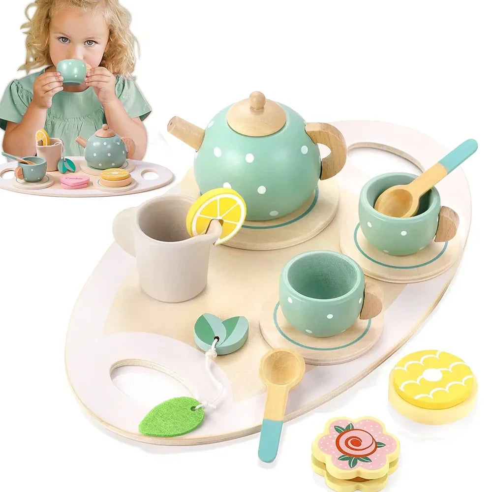 Chá de madeira Pretend Play Brinquedos para Crianças, Food Playset, Role Play Game, Acessórios de Cozinha, Presentes para Crianças, Meninas, Meninos, 15Pcs