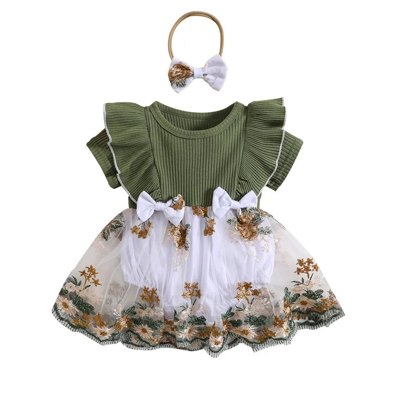 Vestido de Romper Infantil Bebê Recém-nascido, Bordado De Flores, Malha Rib Ruffles, Macacão Gola Tripulação, Bodysuit Verão, Arco Headband