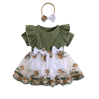 Vestido de Romper Infantil Bebê Recém-nascido, Bordado De Flores, Malha Rib Ruffles, Macacão Gola Tripulação, Bodysuit Verão, Arco Headband