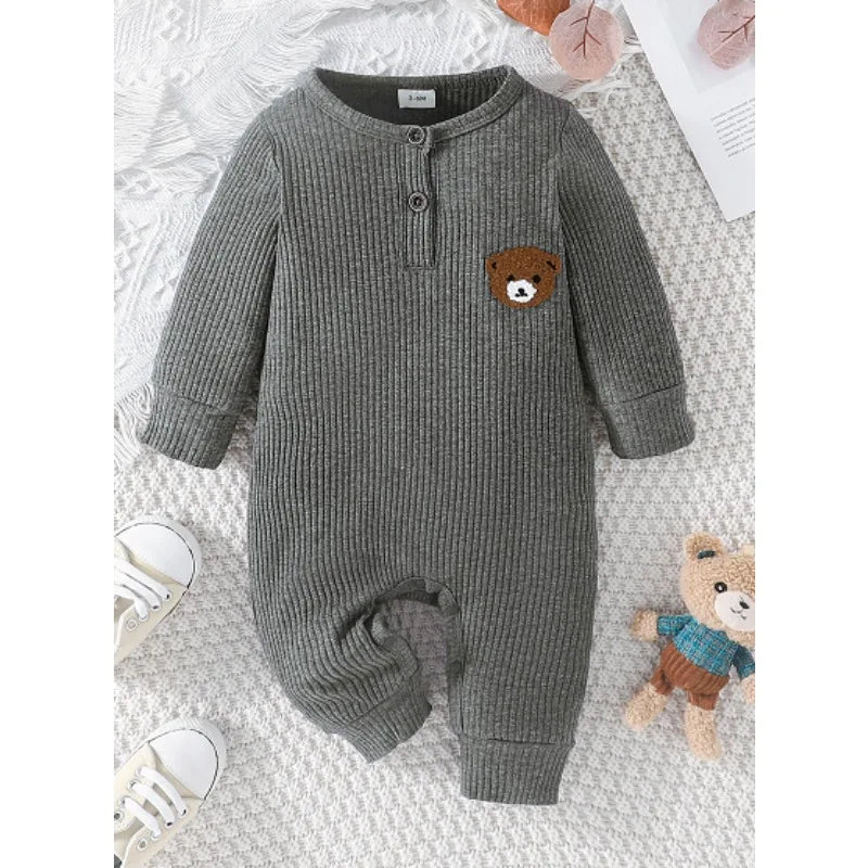 Urso dos desenhos animados Tiny Button Onesies para o bebê recém-nascido, macacão infantil de manga comprida, macacão infantil, 0 a 18 meses