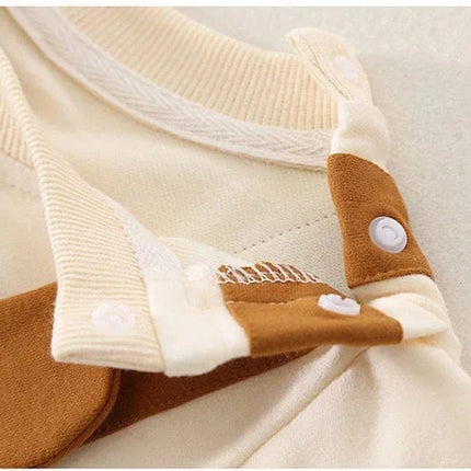 Macacão recém-nascido super fofo com boné, cor contrastante, suspensórios e capuz, roupas de escalada ao ar livre, roupa do bebê