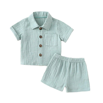 Roupas casuais de linho algodão para crianças, manga curta, botão de bolso, shorts e camisa de lapela, roupas de verão para meninos, 2 peças