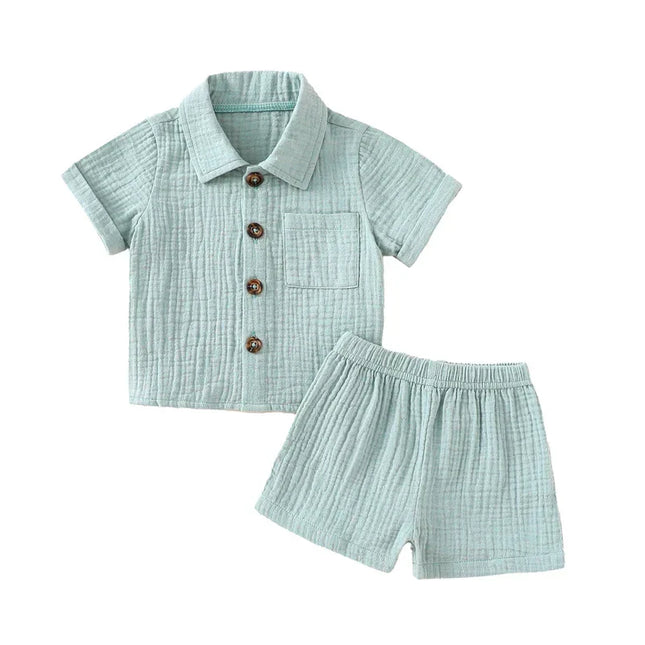 Roupas casuais de linho algodão para crianças, manga curta, botão de bolso, shorts e camisa de lapela, roupas de verão para meninos, 2 peças
