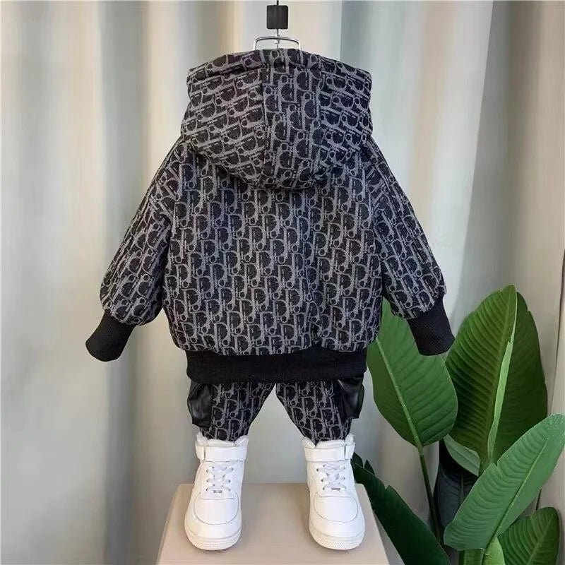 Conjunto de calças e casacos de pelúcia infantil, roupas de menino, roupa de bebê, grosso, outono, inverno, novo, conjunto 2 peças