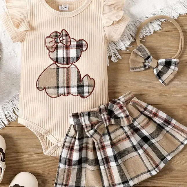 Saia curta e faixa de cabelo xadrez para bebês meninas, impressão de urso, mangas de renda, verão, novo, 3 peças, 0-18 meses