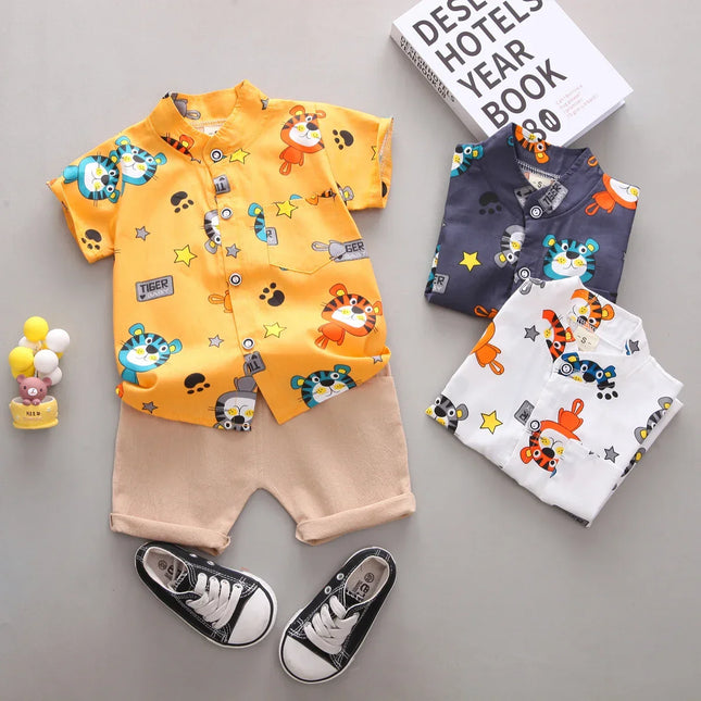 Cartoon Tiger Animal Random Print Shirt e Shorts Set, Infantil Criança Moda Verão, 2pcs