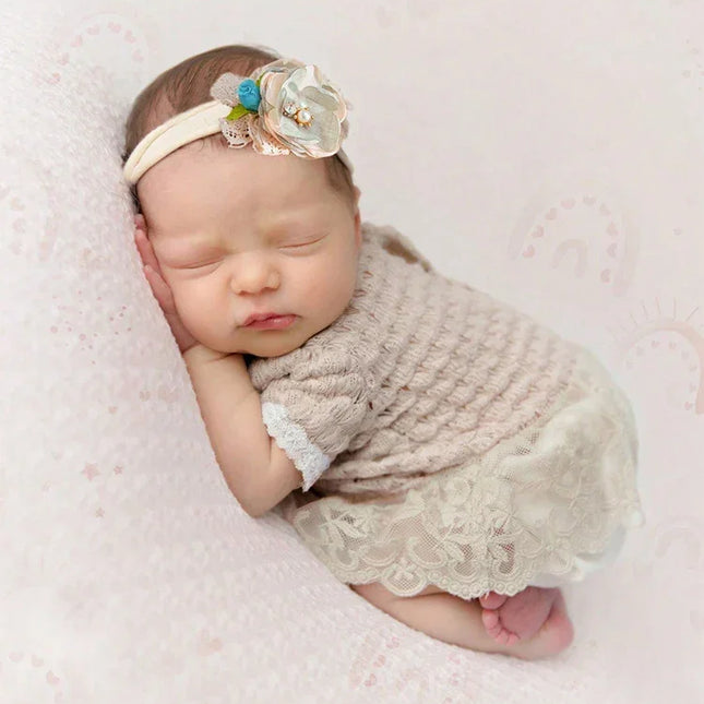 Recém-nascido vestido guarnição do laço com Headband, amarelo infantil Fotografia Outfits, bebê recém-nascido Photo Props, Picture Idea
