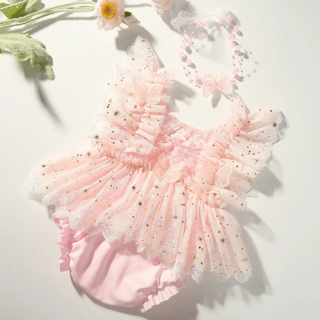Roupa de Fotografia Recém-nascida, Romper de Renda com Headband Pérola, Adereços Fotográficos Infantis, Borboleta Bebé e Estrela Glitter