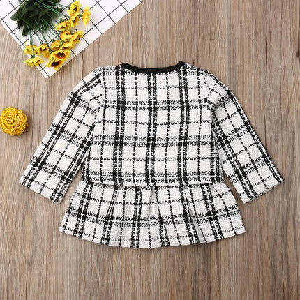 Conjunto de roupas xadrez brancas femininas, roupas de princesa, outono inverno, tops de casaco xadrez, vestido tutu retalhos, trajes formais, 1-6 anos, 2 peças