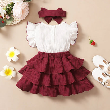 Vestido Cupcake de 3 Camadas para Bebé Menina, Vinho Tinto e Branco