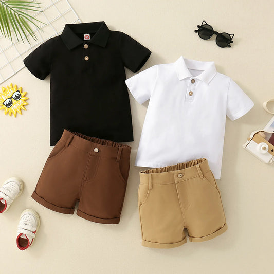 Camisa polo infantil de manga curta, camisa de algodão com shorts, roupa de verão para menino, botão de pescoço, 2 peças