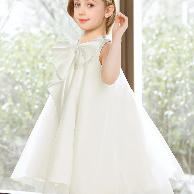 Vestido bonito da flor com arco grande, Vestido de festa de aniversário, Vestido de casamento, Lavando o vestido, Comunhão sagrada