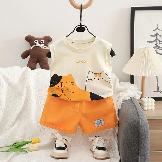 Crianças dos desenhos animados gato colete camiseta e shorts, roupas infantis terno, fatos de treino infantil, moda criança, verão, 2pcs por conjunto