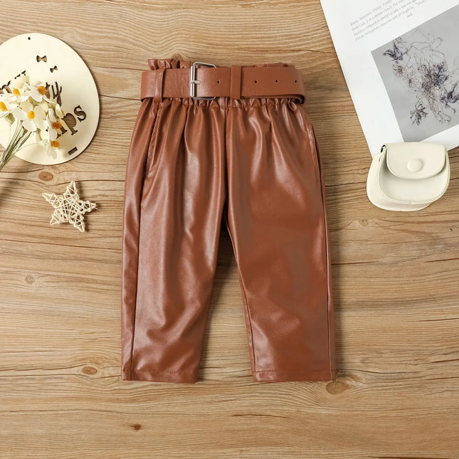 Conjunto de roupas infantis para meninas, blusa canelada de manga longa + calças de couro pu com cinto, 2 peças para roupas de meninas tamanho 1 2 3 4 5 6