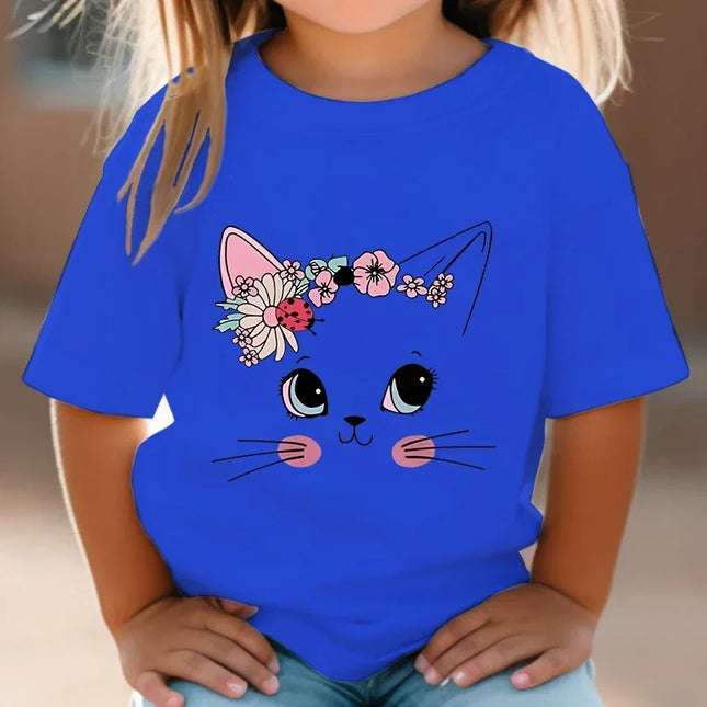 T-shirt de manga curta para meninas, flor, gato, floral, gatinho, branco, manga curta, selvagem, bonito, animal, desenhos animados, verão