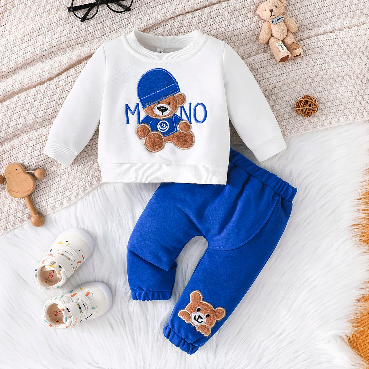 Casual Cartoon Urso Manga Longa Camiseta e Calças Navy Outfit, Conjunto de Roupas Infantis, Kids Wear, Criança Terno, 3-24 meses