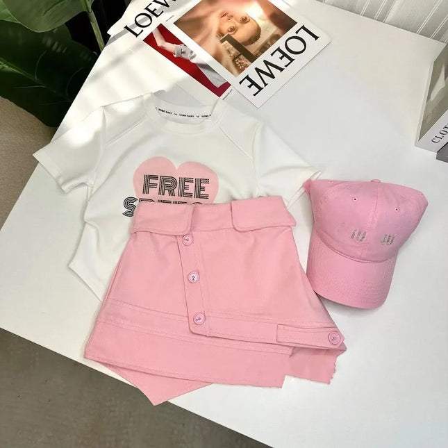Doce rosa amor feminino manga curta e conjunto de saia elegante, roupas estilo ocidental, verão, novo, 2 peças, 2022