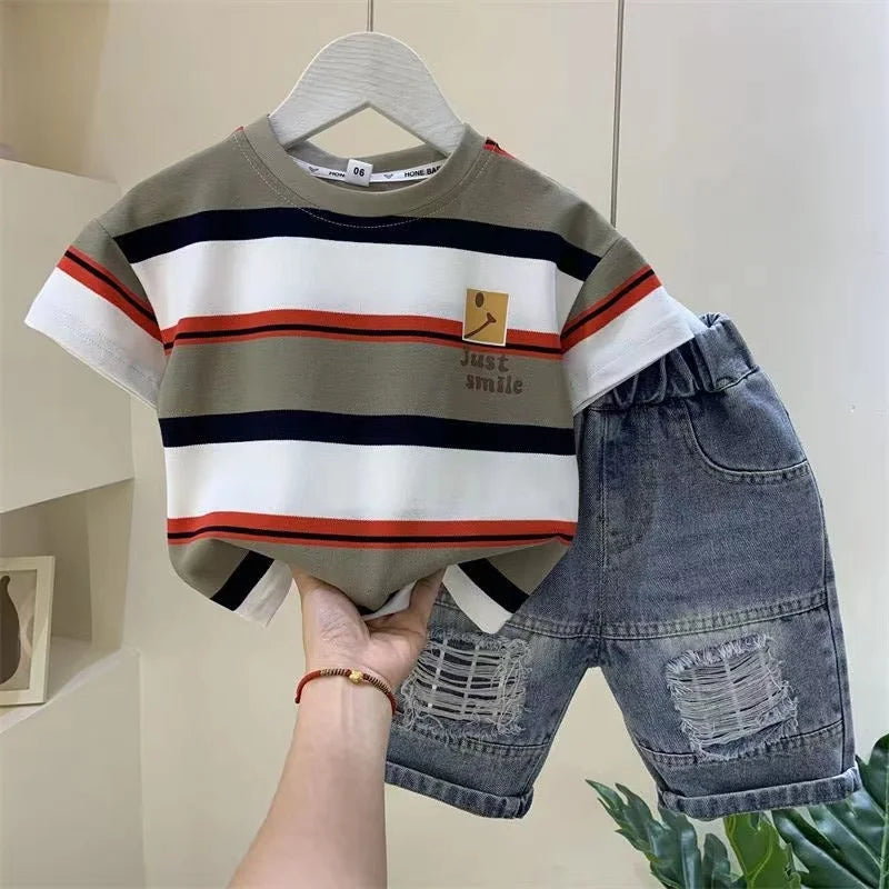 Meninos Verão 2023 New Boutique Design Outfits Algodão Set Baby Boys Camisa de Manga Curta Jeans Shorts 2pcs Vestuário Crianças 6 7 8Y