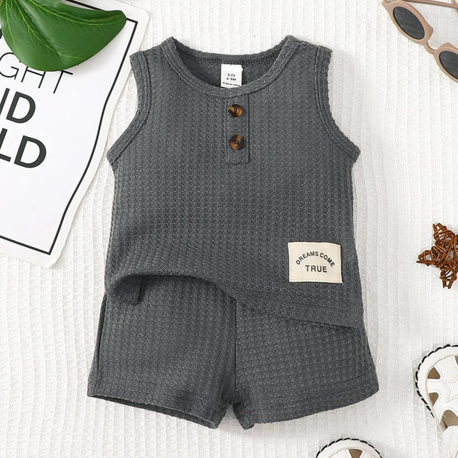 Top sem mangas e shorts para bebê menino, conjunto de roupas de cor sólida, roupas esportivas diárias, roupas legais para criança, 1 a 3 anos, 2 peças, verão