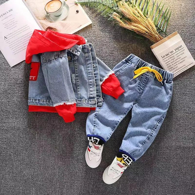 Conjunto jeans de duas peças para meninos, jeans bonito, jaqueta versão coreana, moda, primavera e outono, novo, 2024