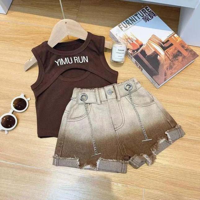 Colete vazado estampado com letra feminina, roupas infantis de verão, shorts gradiente na moda, roupas infantis coreanas, 2024