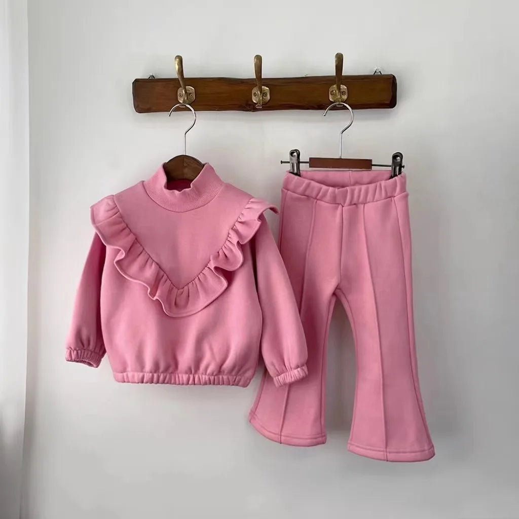 Conjunto de moletom casual de algodão infantil, gola alta grossa, corte de bota, babados sólidos, roupas infantis, bebê menina, inverno, 2 peças