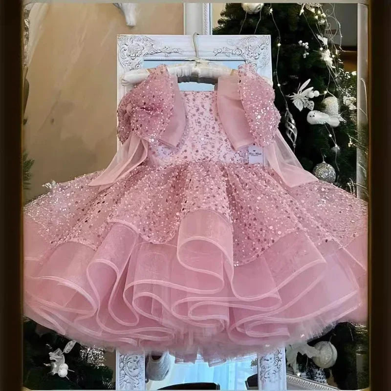 2024 crianças vestido de princesa ocasião formal roupas combinando trajes de um ano de idade do bebê meninas luxo arco lantejoulas roupa elegante