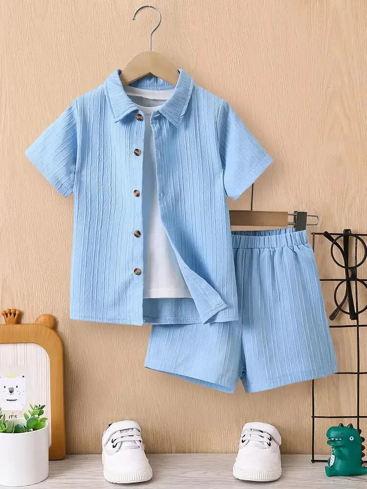 Conjunto de camisa e shorts de onda azul de 2 peças para meninos, roupas casuais infantis, simples, verão