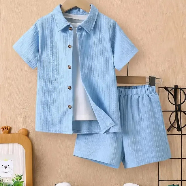 Conjunto de camisa e shorts de onda azul de 2 peças para meninos, roupas casuais infantis, simples, verão