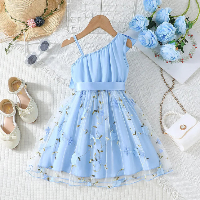 Vestido bordado com babados para crianças, Vestidos de princesa floral sem mangas, Vestido de aniversário para bebês, 2 a 7 anos