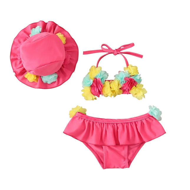 Maiô de 3 partes para a menina, projeto da flor, halter pescoço top + plissado shorts + swim caps, roupas de praia, verão