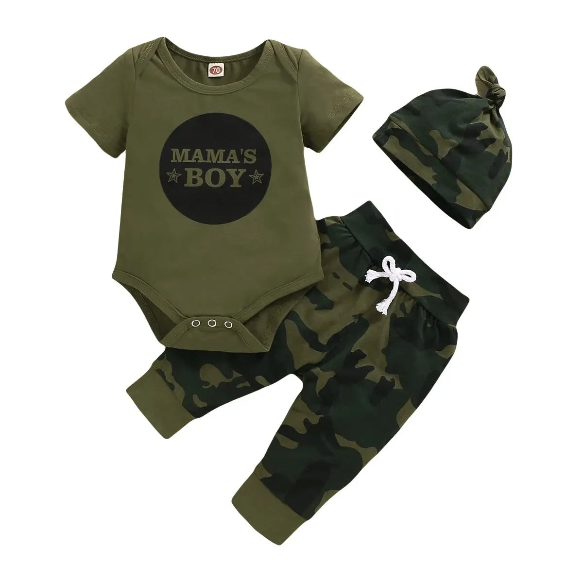 Conjunto de roupas de verão para bebês recém-nascidos, macacão de manga curta com letras + calças camufladas + chapéu, 3 peças, roupas para meninos de 0 a 18 meses