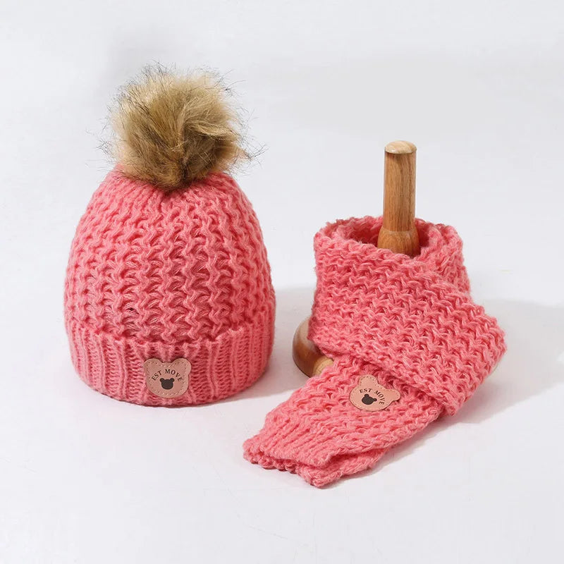 Kids Hat Scarf and Snow Gloves Set, Malha, Quente, Macio, Ao ar livre, Meninos, Meninas, Crianças, Inverno, 3pcs