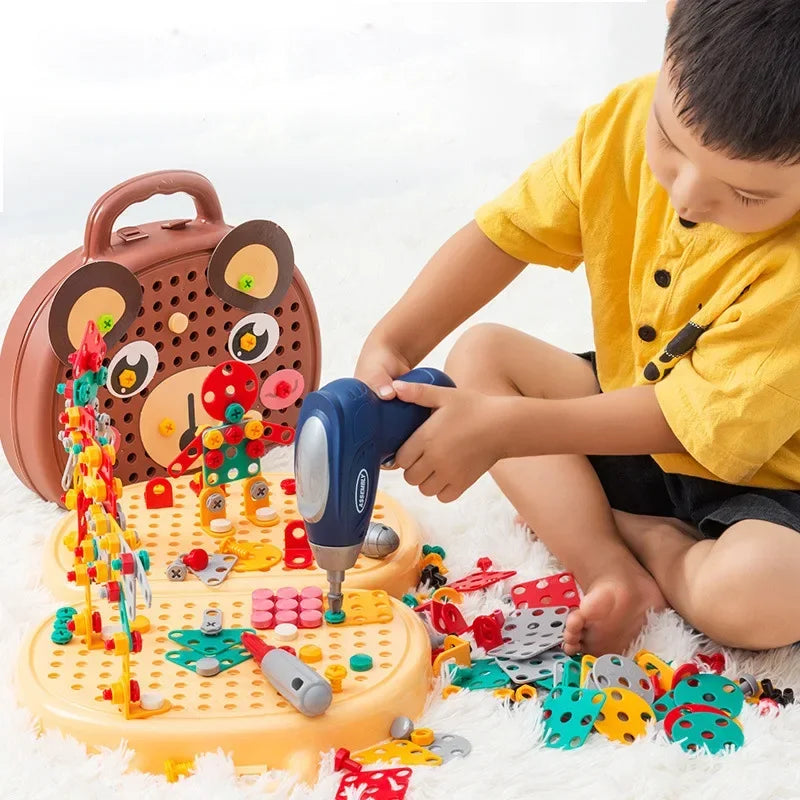 Caixa de Ferramentas Elétrica para Crianças, Ferramenta de Perfuração, Parafuso Montessori Puzzle, Finja Brincar Brinquedos para Crianças, Presente dos Meninos, 4 a 6 Anos